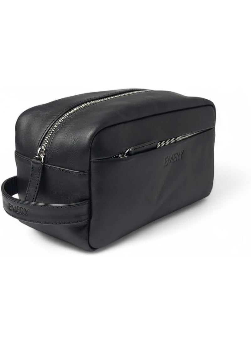 Emery Toiletry Travel Kit Box, Premium Full-Grain Leather with Canvas Lining, Mandarin/Black, 10L x 4.5W x 5H Inches (Black) - Image 4